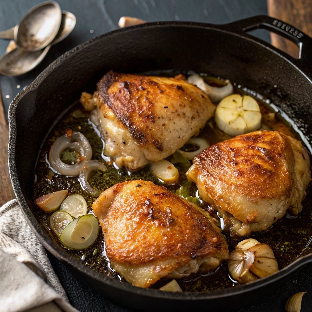 One Pot Chicken and Rice with Caramelized Lemon – Easy Family Favorite 2 Searing chicken for one pot chicken and rice