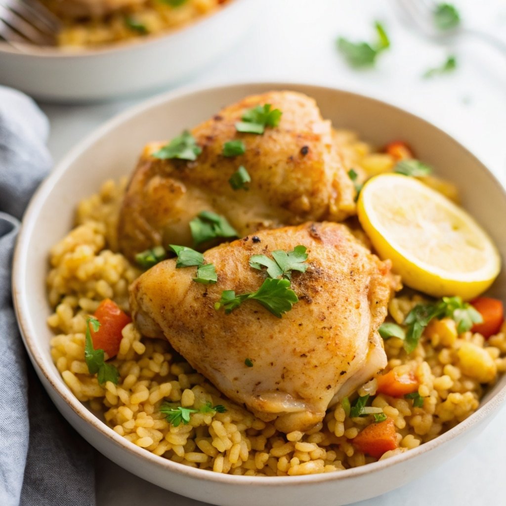 Instant Pot Chicken Thighs and Rice – Easy, Affordable Family Meal 3 Serving bowl of cooked Instant Pot chicken thighs and rice