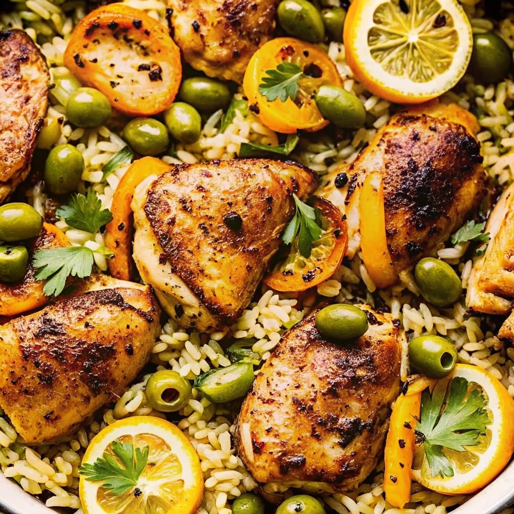 One Pot Chicken and Rice with Caramelized Lemon – Easy Family Favorite 1 Plated one pot chicken and rice with caramelized lemon