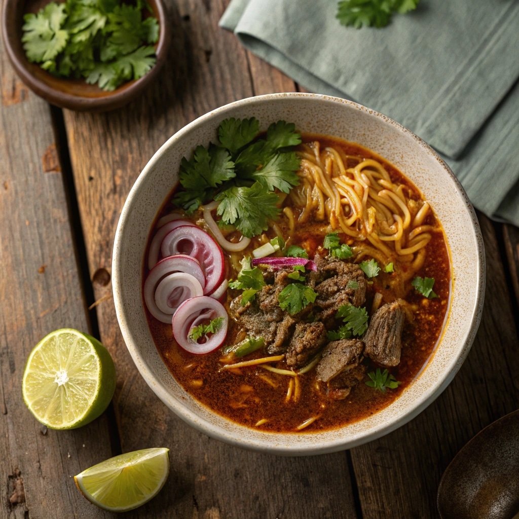 birria ramen in a bowl with cilantro and lime