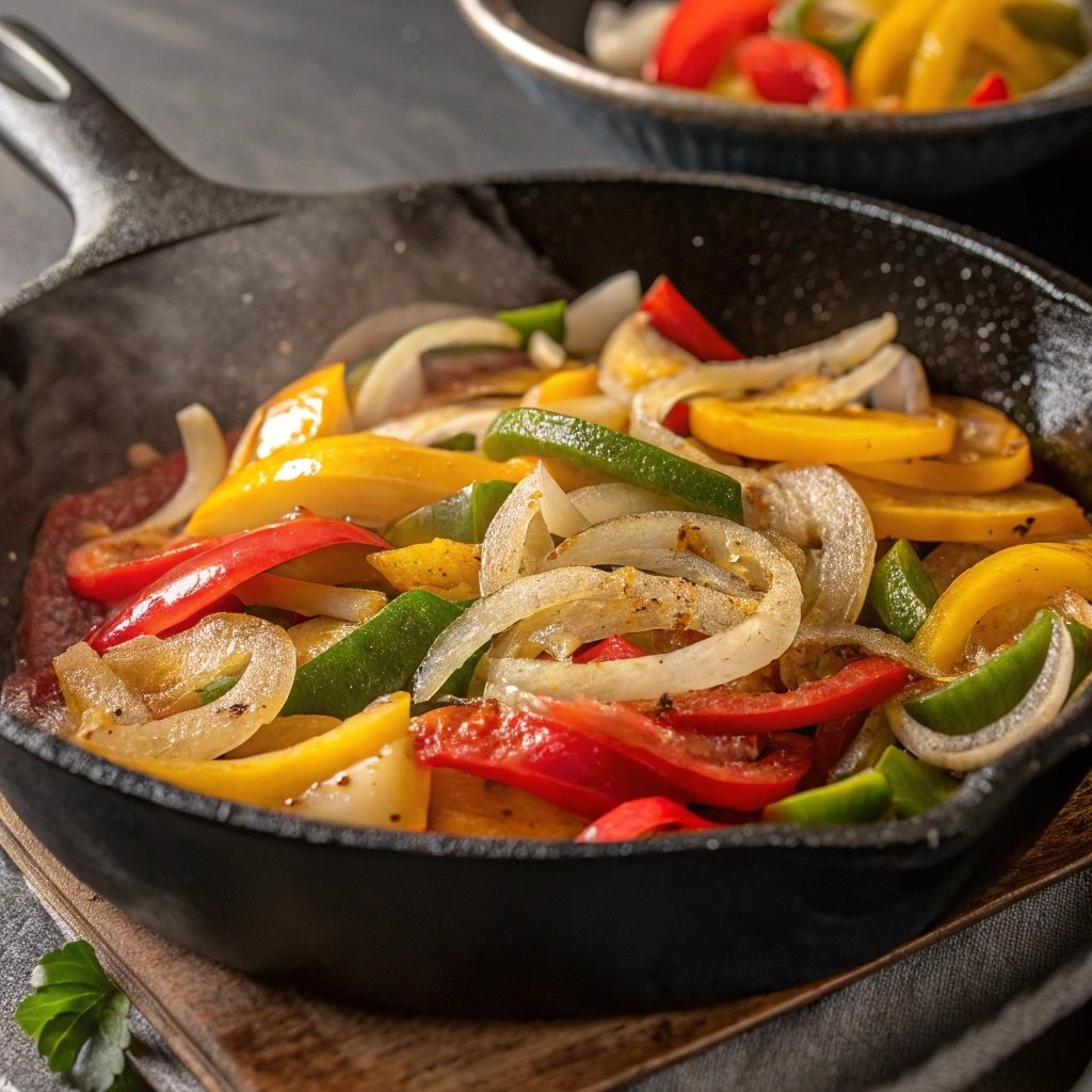 Chicken Fajita Casserole with Rice – Easy Family Favorite Dinner 3 Sautéing bell peppers and onions for casserole