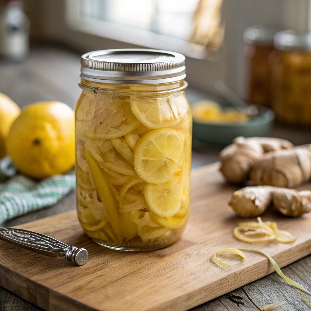 Lemon Ginger Ferment Recipe: Tangy Probiotic Boost for Every Day 1 lemons and ginger in ferment jar