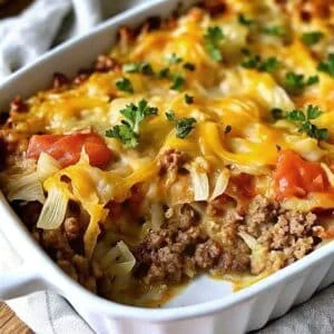 Savory cabbage beef bake in casserole dish