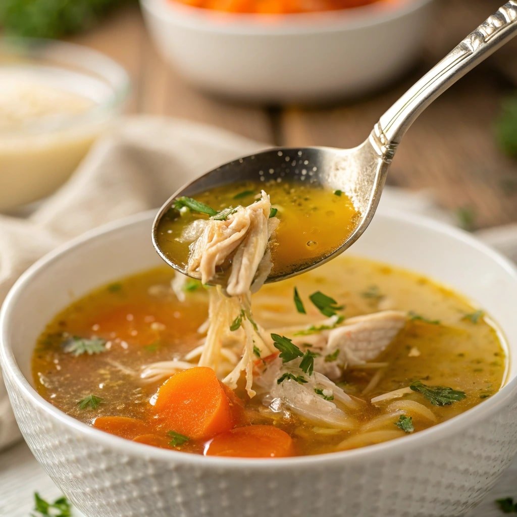Soup Stock Recipe Chicken: Easy Homemade Flavor on a Budget 1 spoon lifting chicken stock soup with visible chicken and herbs