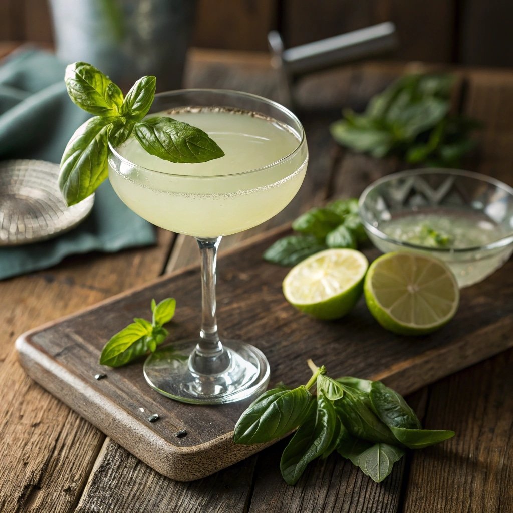Thai basil gimlet cocktail in coupe glass